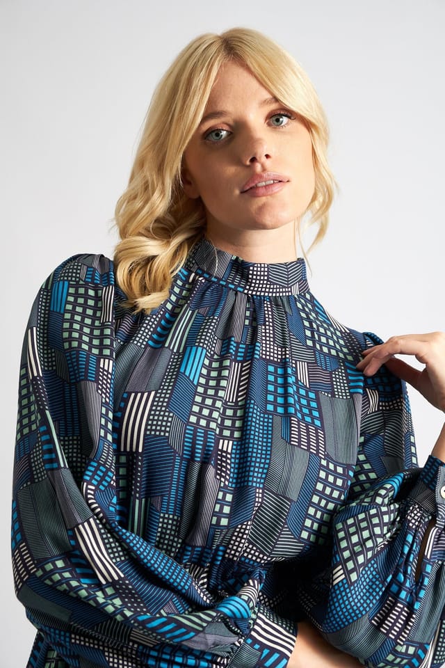 Louche Louche Women's Collyn Geo City Print Long Sleeve Mini Dress in Blue - 3