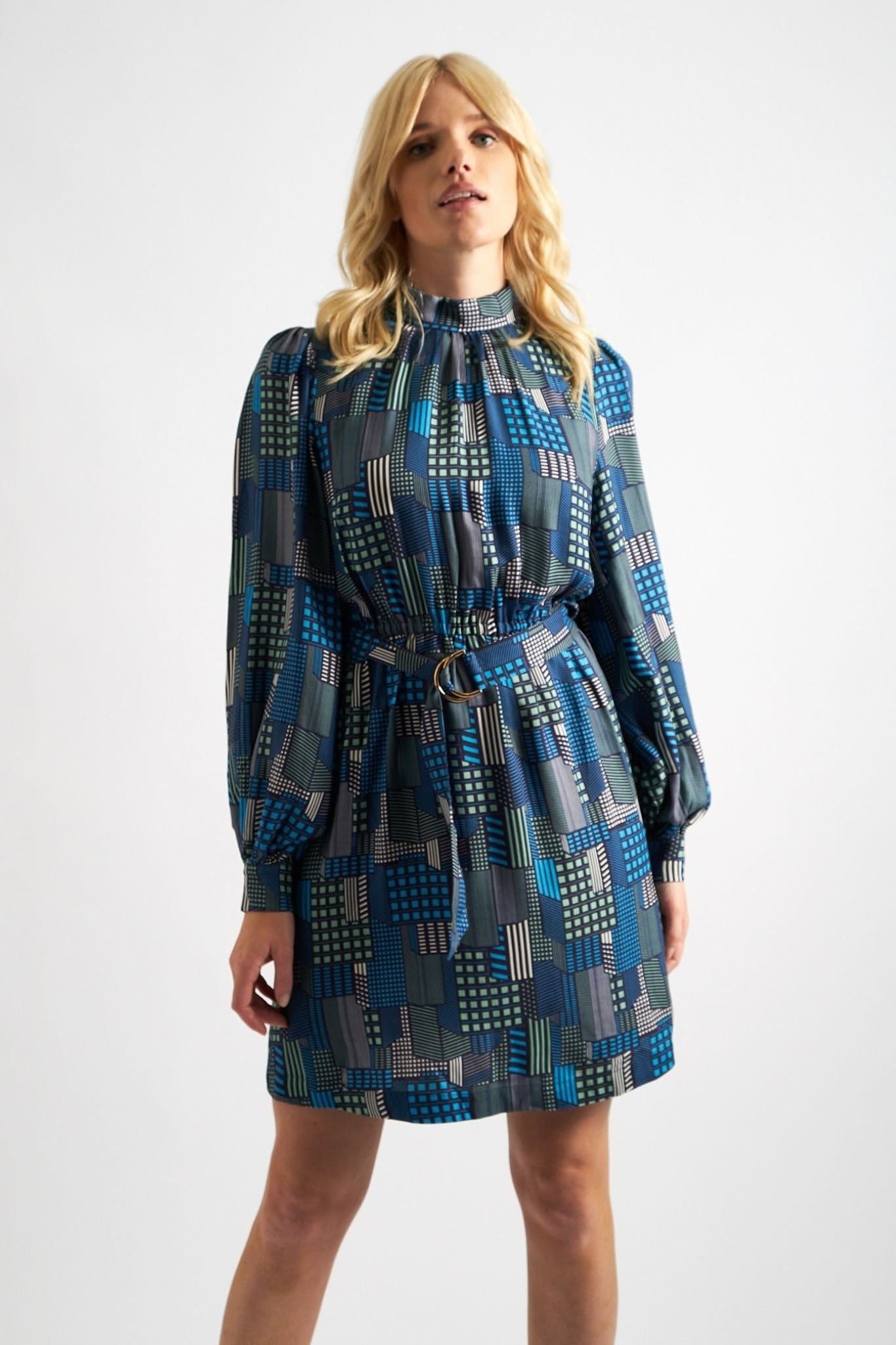 Louche Louche Women's Collyn Geo City Print Long Sleeve Mini Dress in Blue - 4