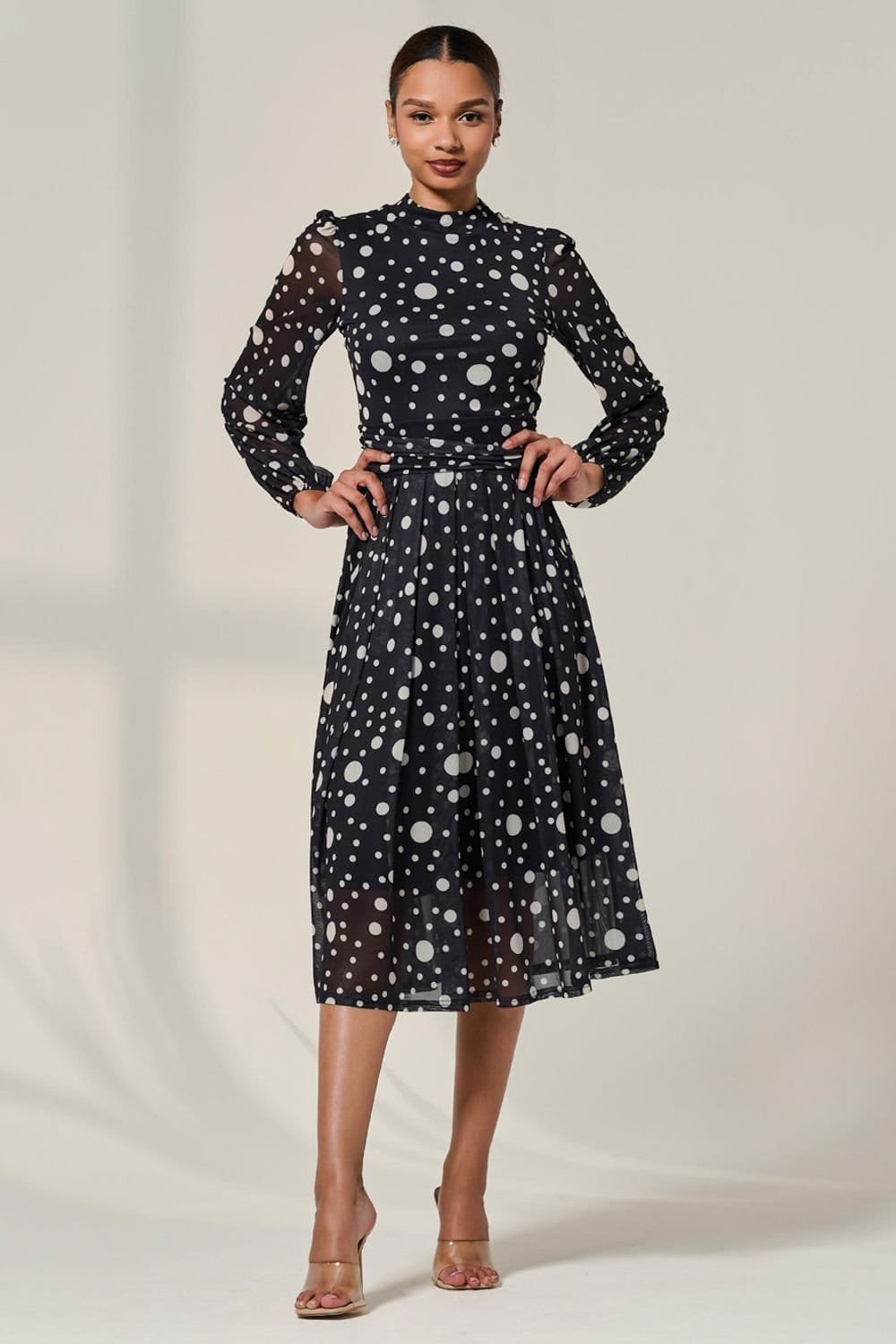 Jolie Moi Jolie Moi Women's Crew Neck Pleated Long Sleeve Midi in Black - 4