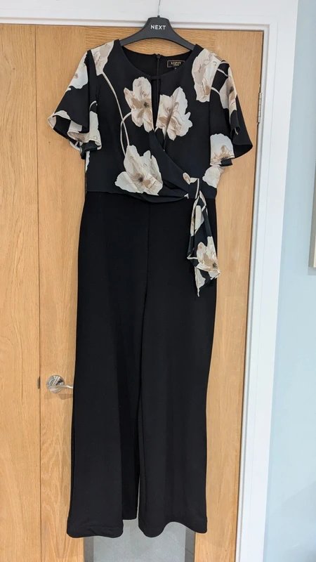 Lipsy Lipsy Black Floral Flutter Sleeve Wide Leg Jumpsuit Size 12 Petite - 1