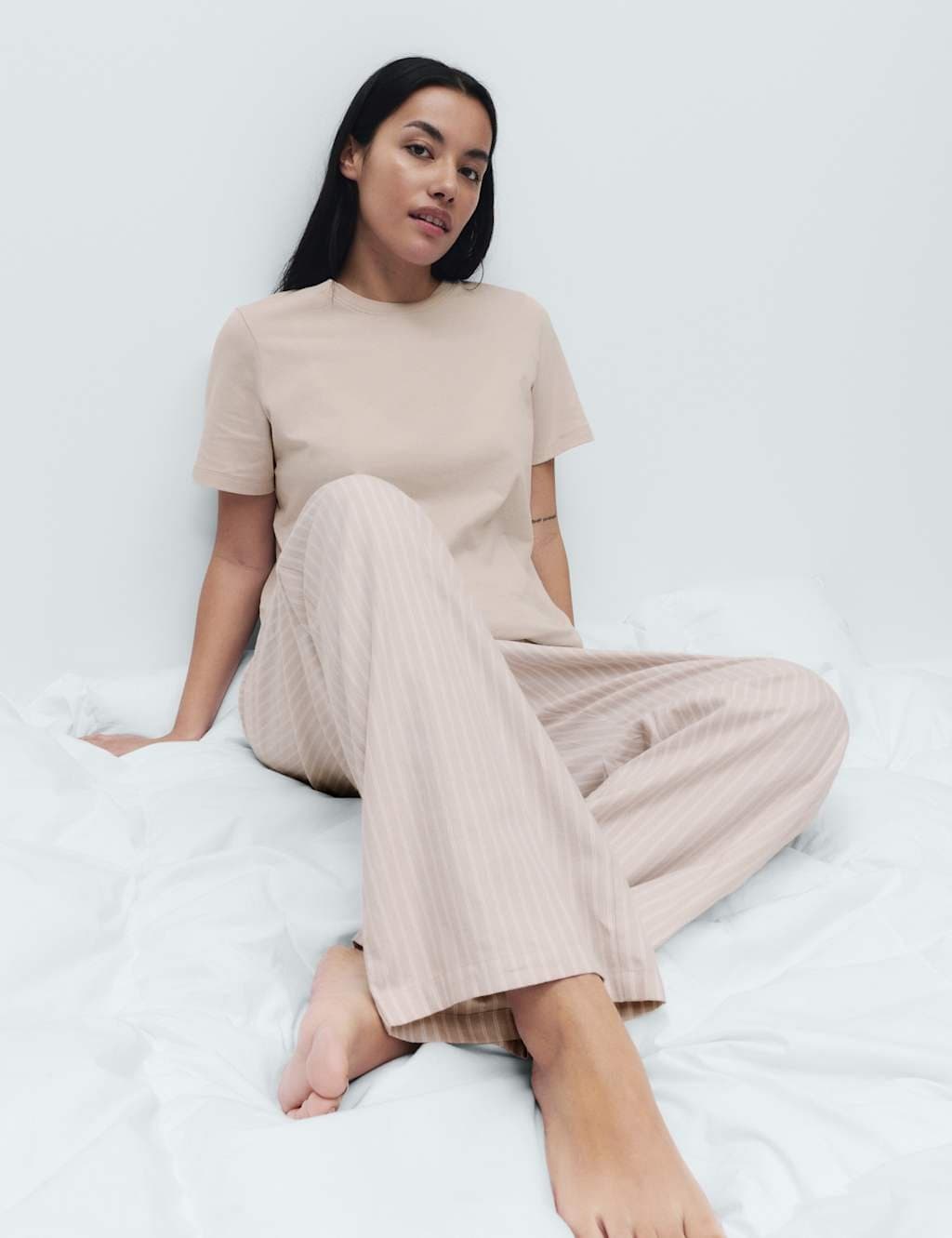 Marks & Spencer M&S Pure Cotton Pyjama Set With Woven Bottoms Neutral