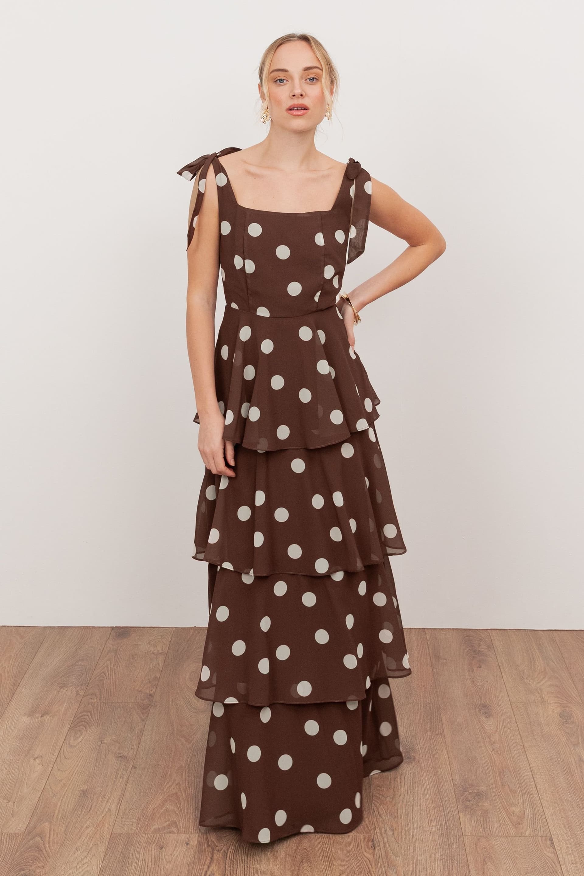 Anaya with Love Anaya with Love Women's Tie Shoulder Tiered Maxi Dress in Brown