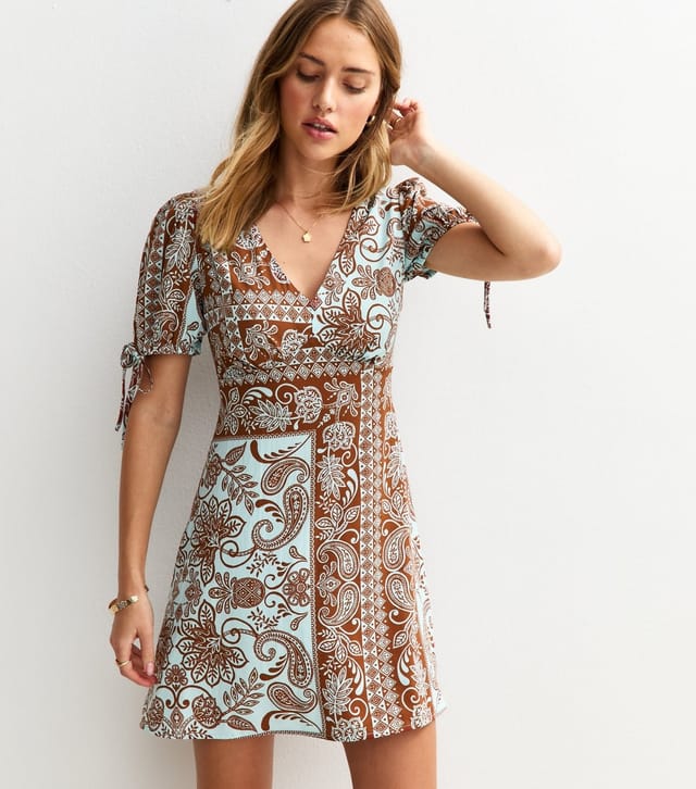 New Look Women's Blue Paisley Print V-Neck Tie Sleeve Mini Dress New Look - 3