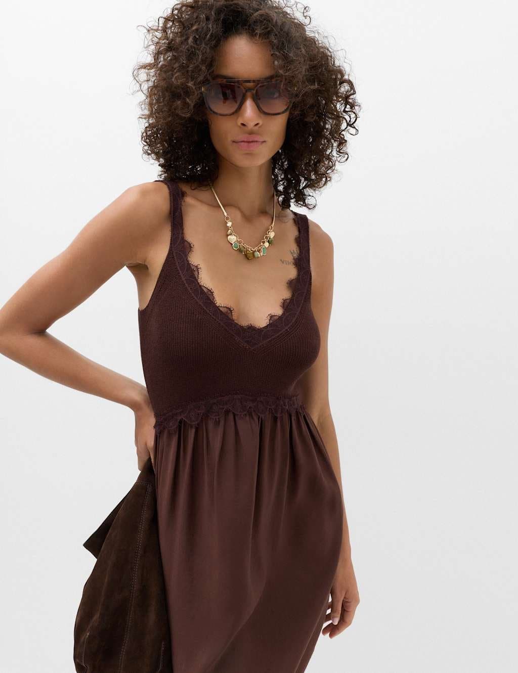 Marks & Spencer M&S Textured Lace Detail Mini Knitted Dress Chocolate