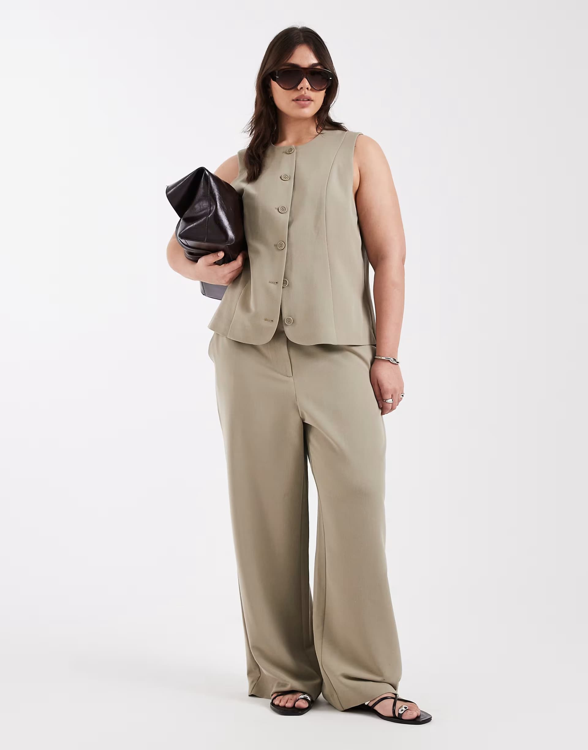 ASOS Pieces Curve tailored high waist wide leg trousers co-ord in pale khaki green