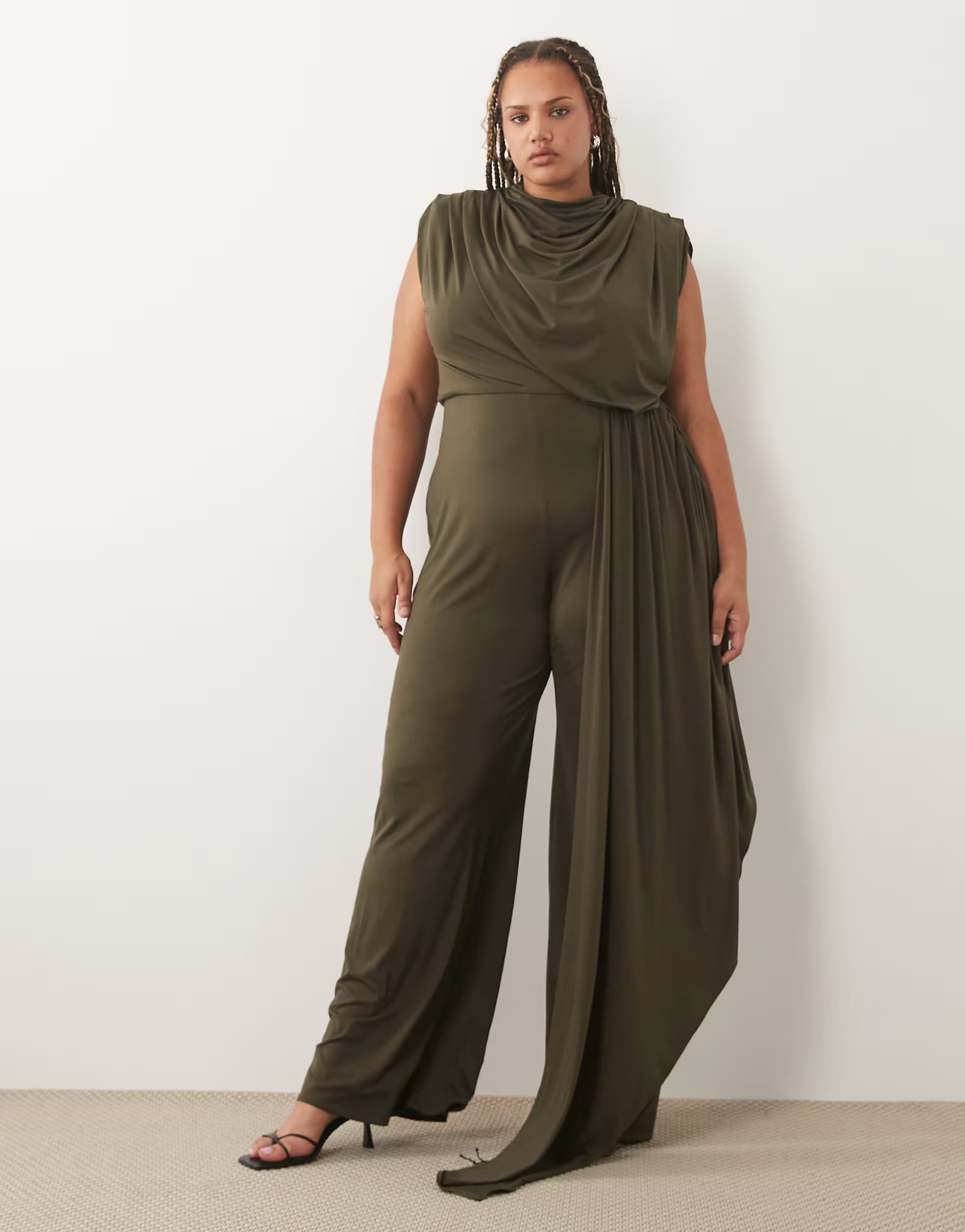 ASOS TFNC Plus draped detail sash jumpsuit in khaki