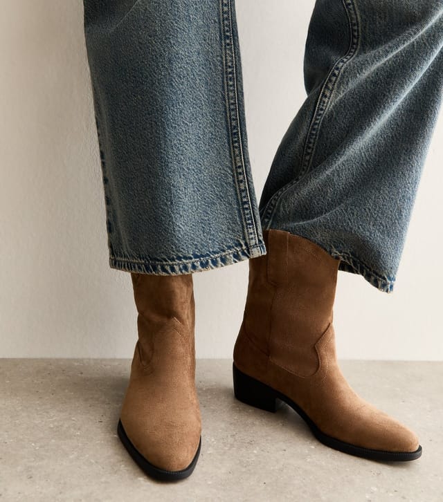 New Look Women's Camel Faux Suede Mid Calf Western Boots Vegan New Look - 2