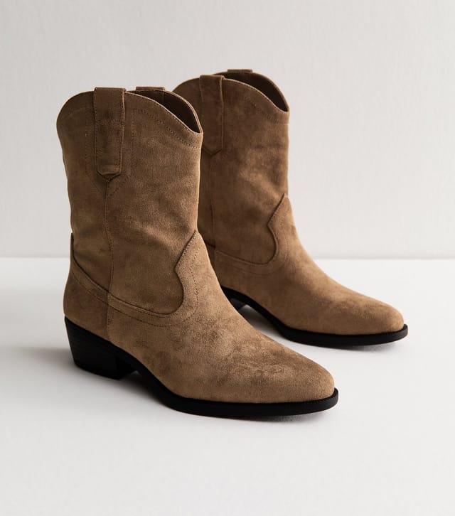 New Look Women's Camel Faux Suede Mid Calf Western Boots Vegan New Look - 3