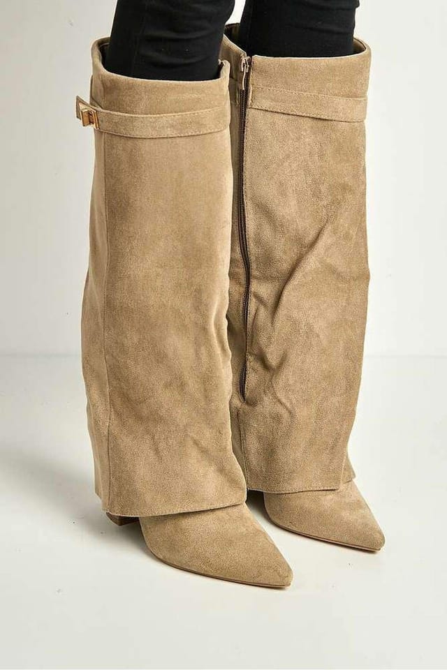 Miss Diva Miss Diva Women's Ayla Block Heel Pointy Toe Collared Faux Suede Clasp Detail Calfboots in Taupe - 2