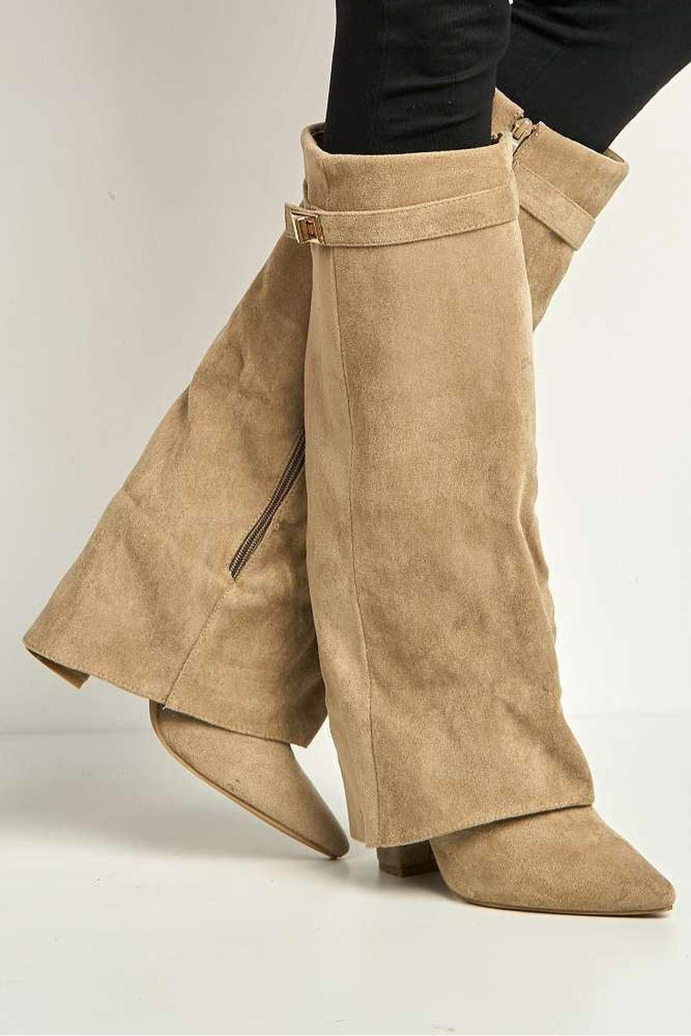 Miss Diva Miss Diva Women's Ayla Block Heel Pointy Toe Collared Faux Suede Clasp Detail Calfboots in Taupe - 3