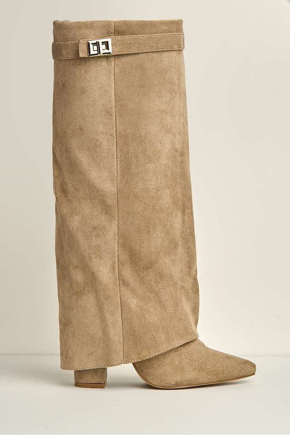 Miss Diva Miss Diva Women's Ayla Block Heel Pointy Toe Collared Faux Suede Clasp Detail Calfboots in Taupe - 4