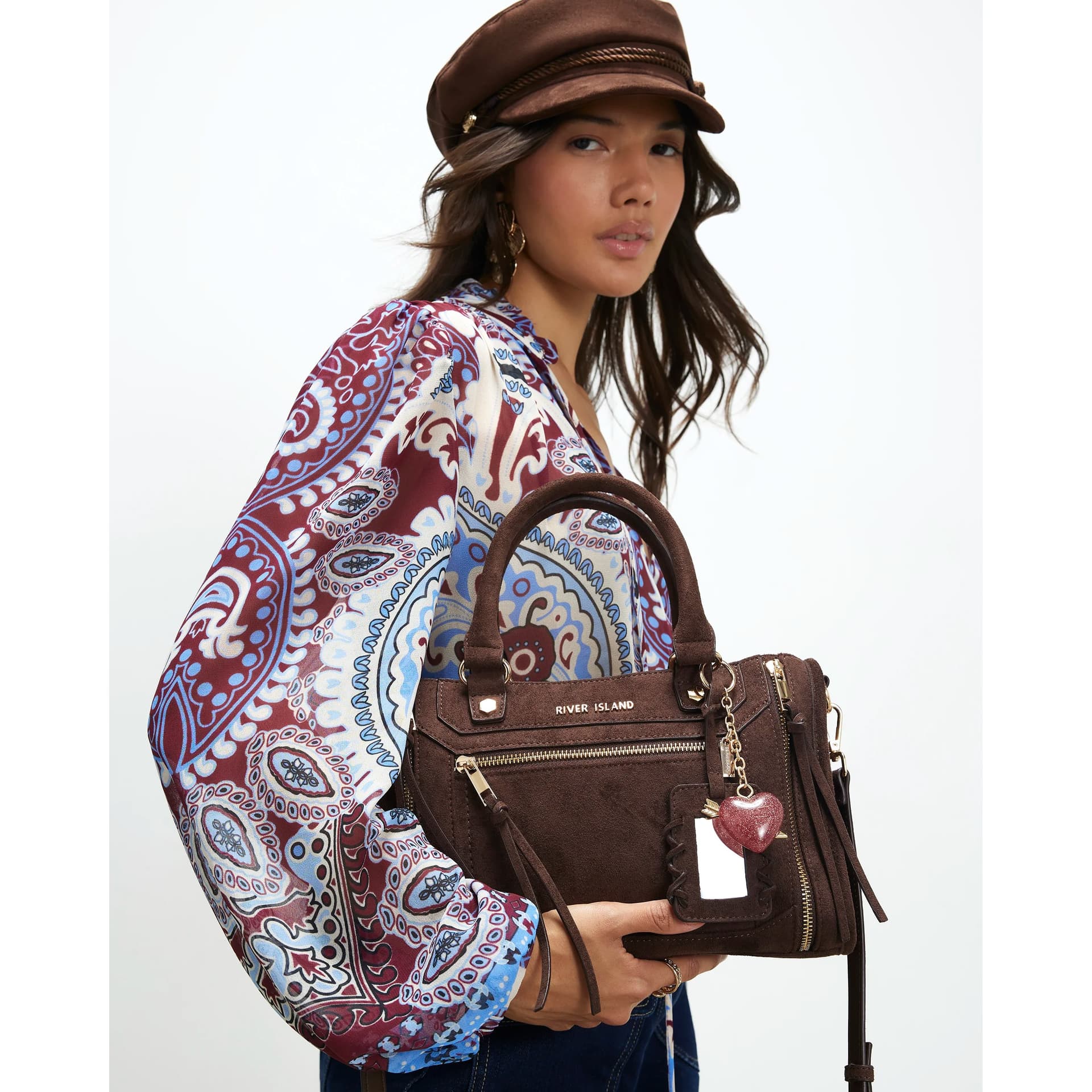 River Island River Island Womens Brown Faux Suede Zip Panel Tote Bag