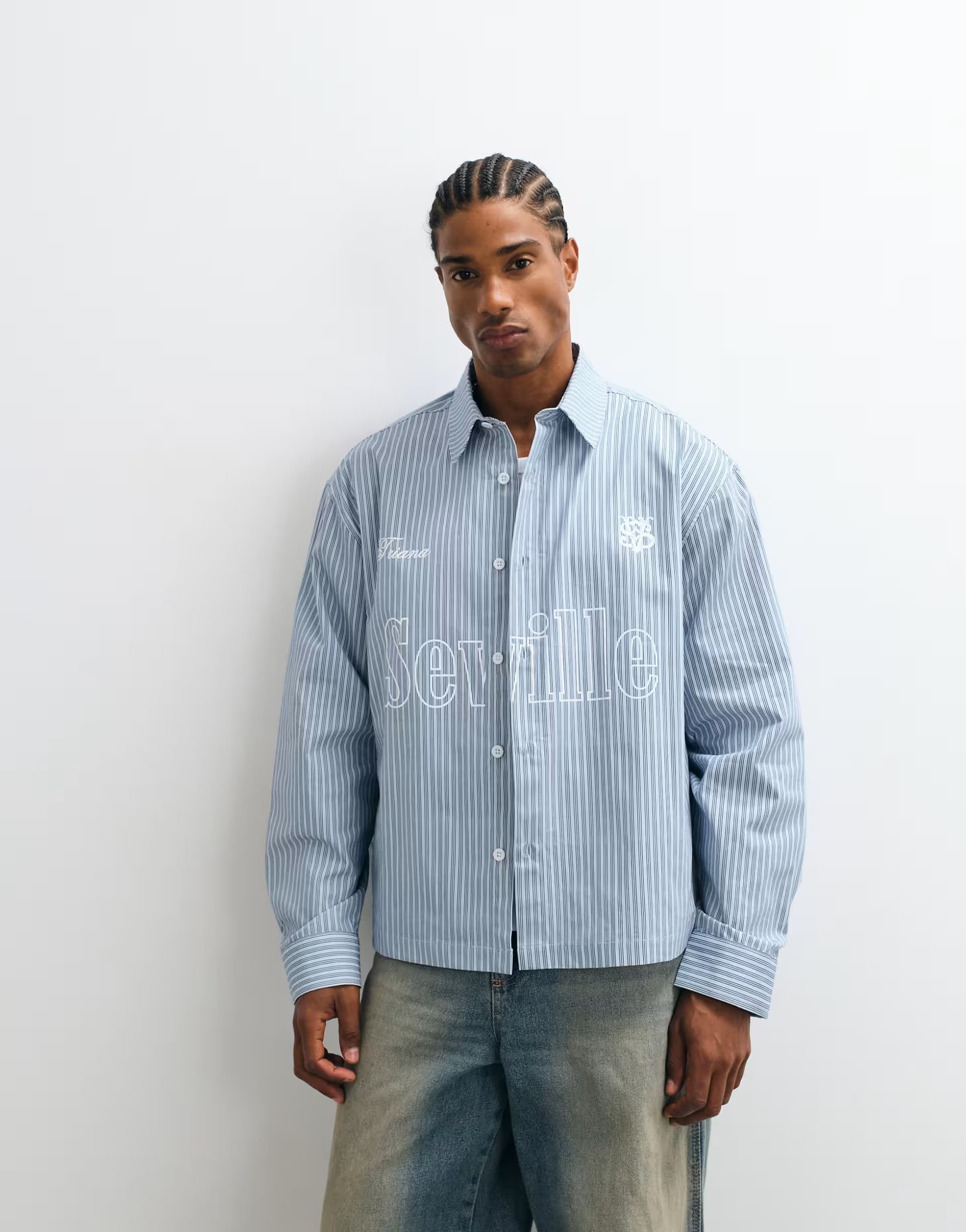 ASOS ASOS DESIGN boxy oversized stripe shirt with front print in blue