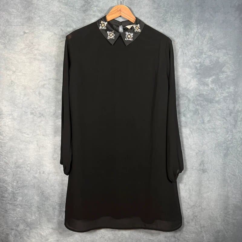 Peacocks Peacocks Women’s Black Chiffon Embellished Collar Shift Mini Dress Jewelled Size UK 14