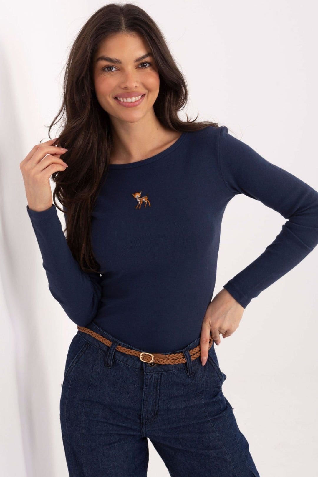 Love Lace Blue Cotton Long Sleeve Blouse with Embroidery
