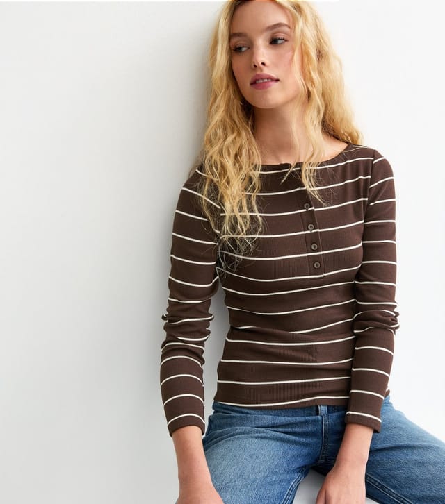 New Look Women's Brown Striped Long Sleeve Top New Look - 2