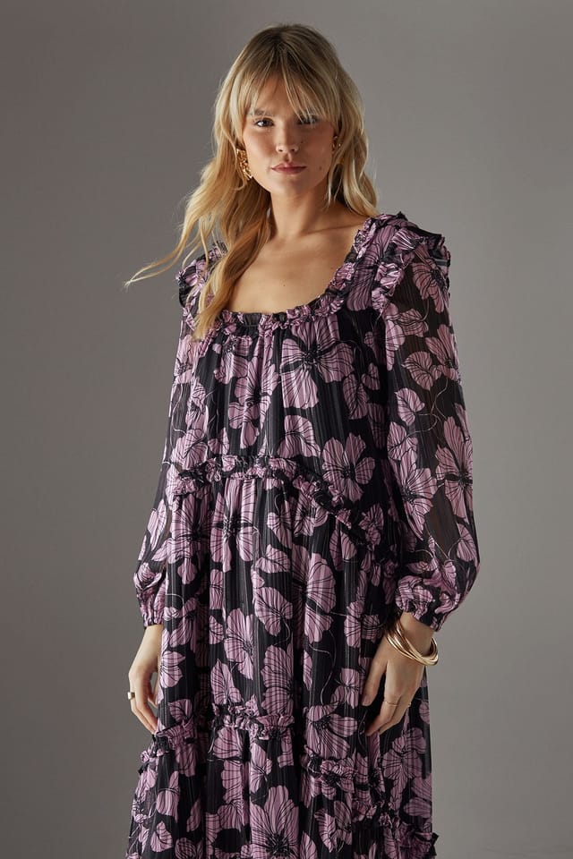 Warehouse Warehouse Women's Shadow Stripe Ruffle Square Neck Smock Midi Dress in Pink - 2