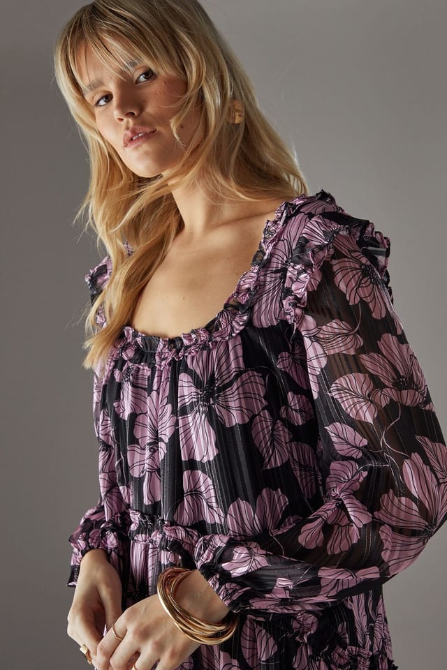 Warehouse Warehouse Women's Shadow Stripe Ruffle Square Neck Smock Midi Dress in Pink - 3