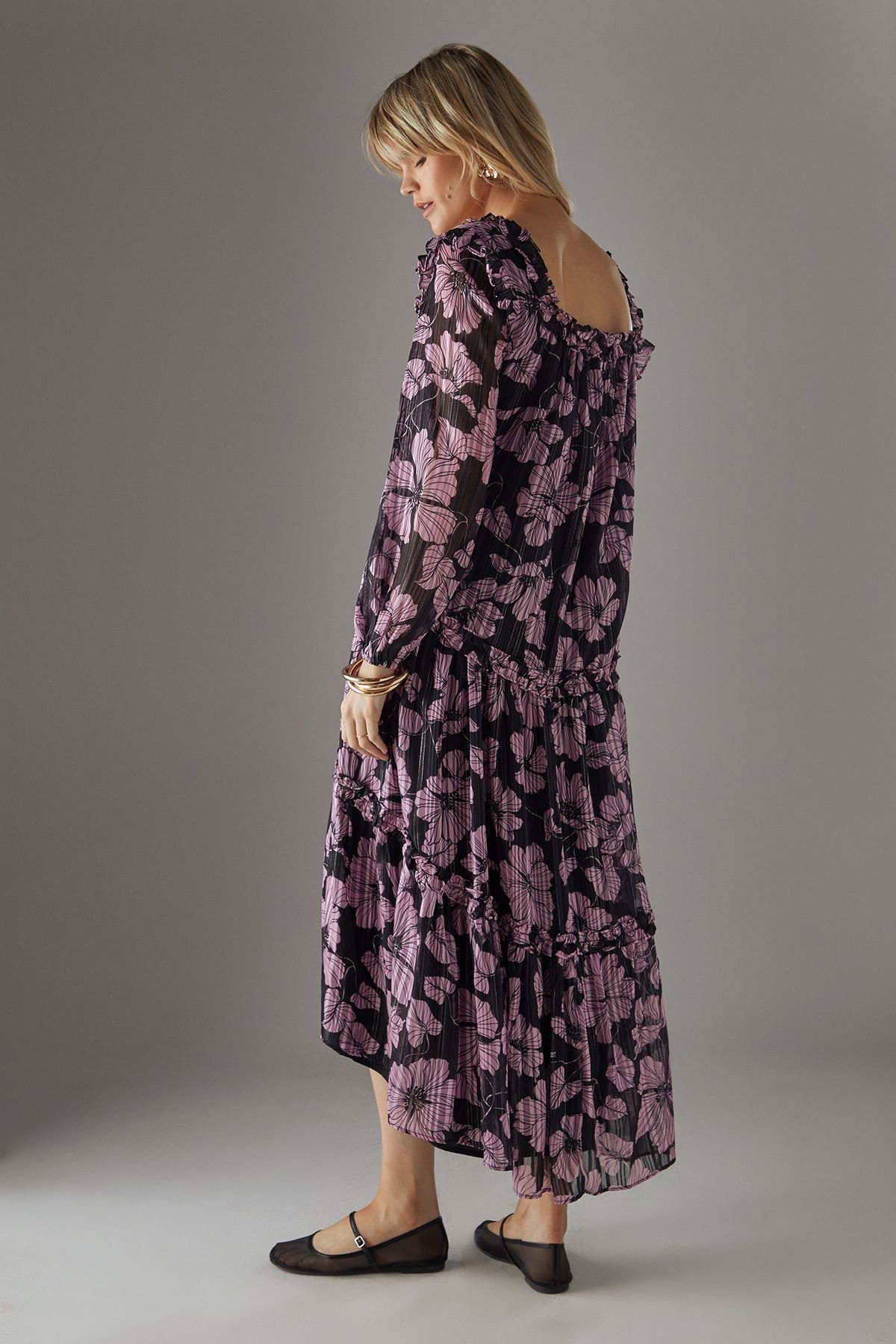 Warehouse Warehouse Women's Shadow Stripe Ruffle Square Neck Smock Midi Dress in Pink - 4