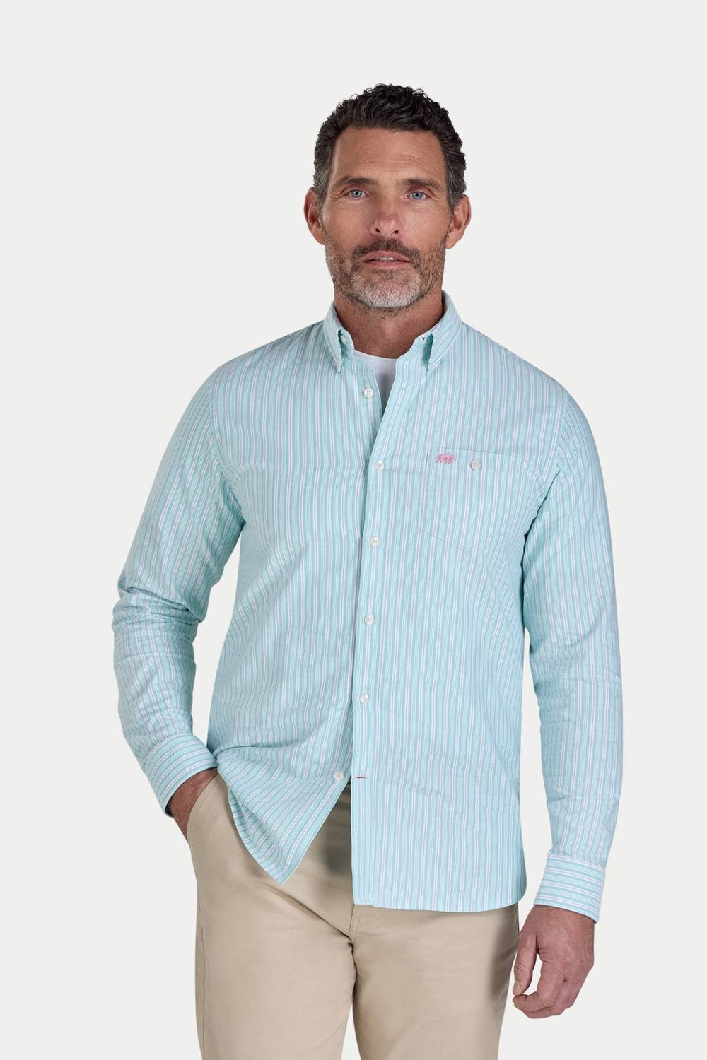 raging bull Raging Bull Men's Long Sleeve Stanford Stripe Oxford Shirt in Aqua - 4