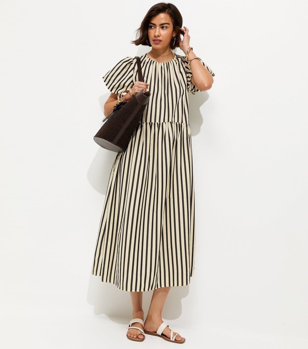 New Look Women's Black Striped Drop Waist Puff Sleeve Midi Dress New Look