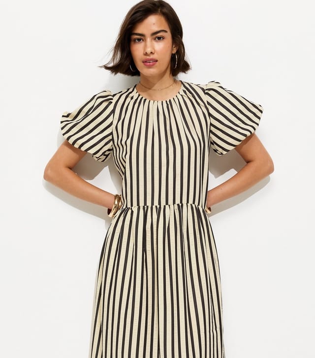 New Look Women's Black Striped Drop Waist Puff Sleeve Midi Dress New Look - 2