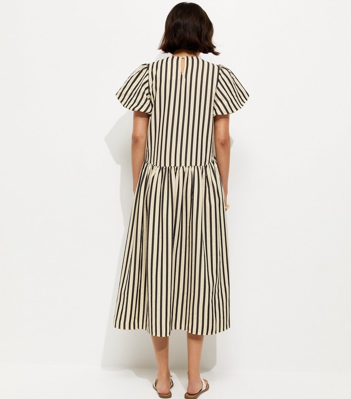 New Look Women's Black Striped Drop Waist Puff Sleeve Midi Dress New Look - 4