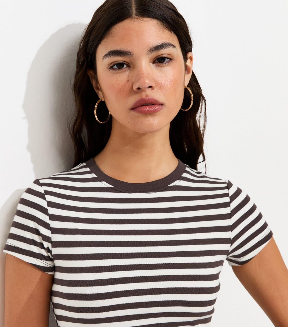 New Look Women's Brown Cotton Rich Stripe Baby Tee New Look