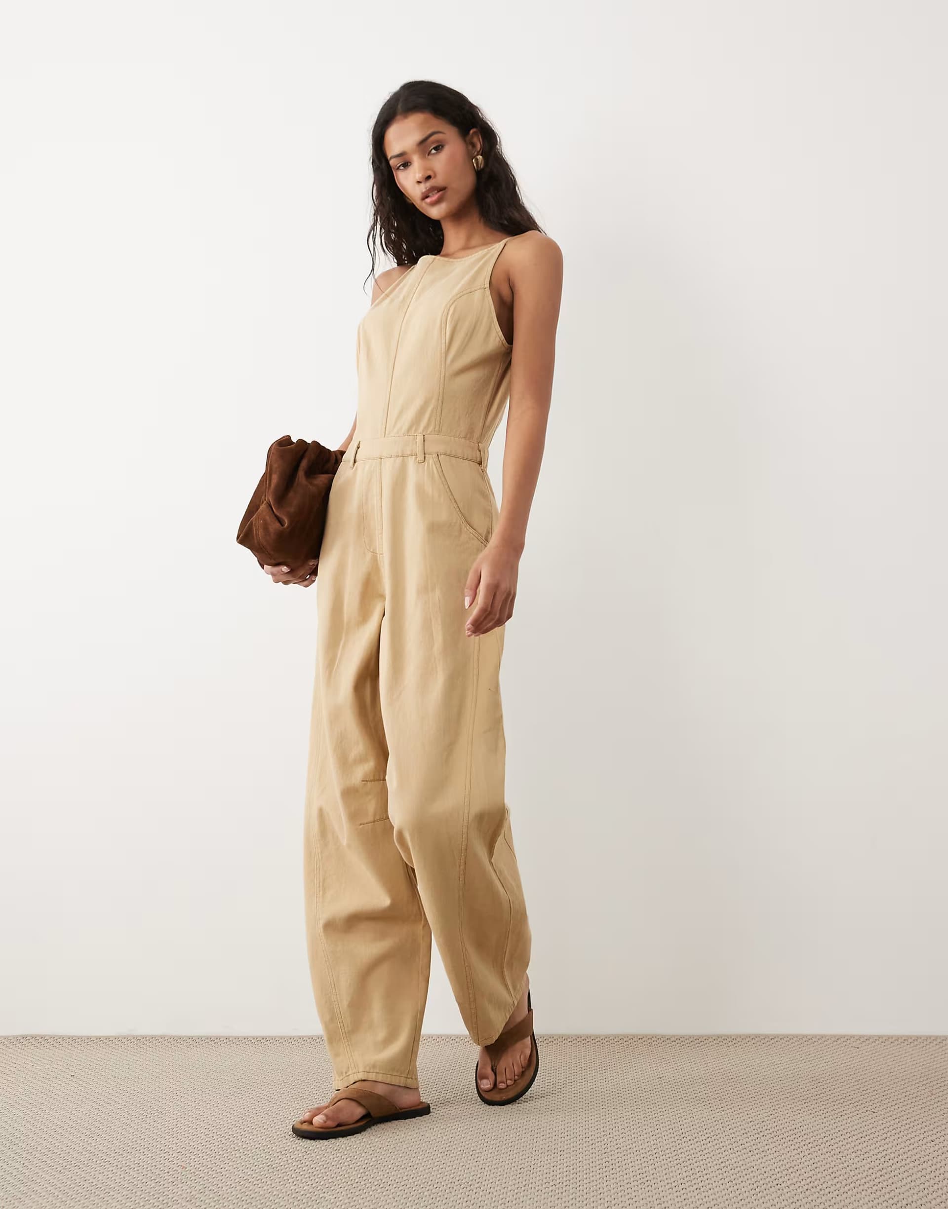 ASOS ASOS DESIGN twill jumpsuit with seam details in washed stone