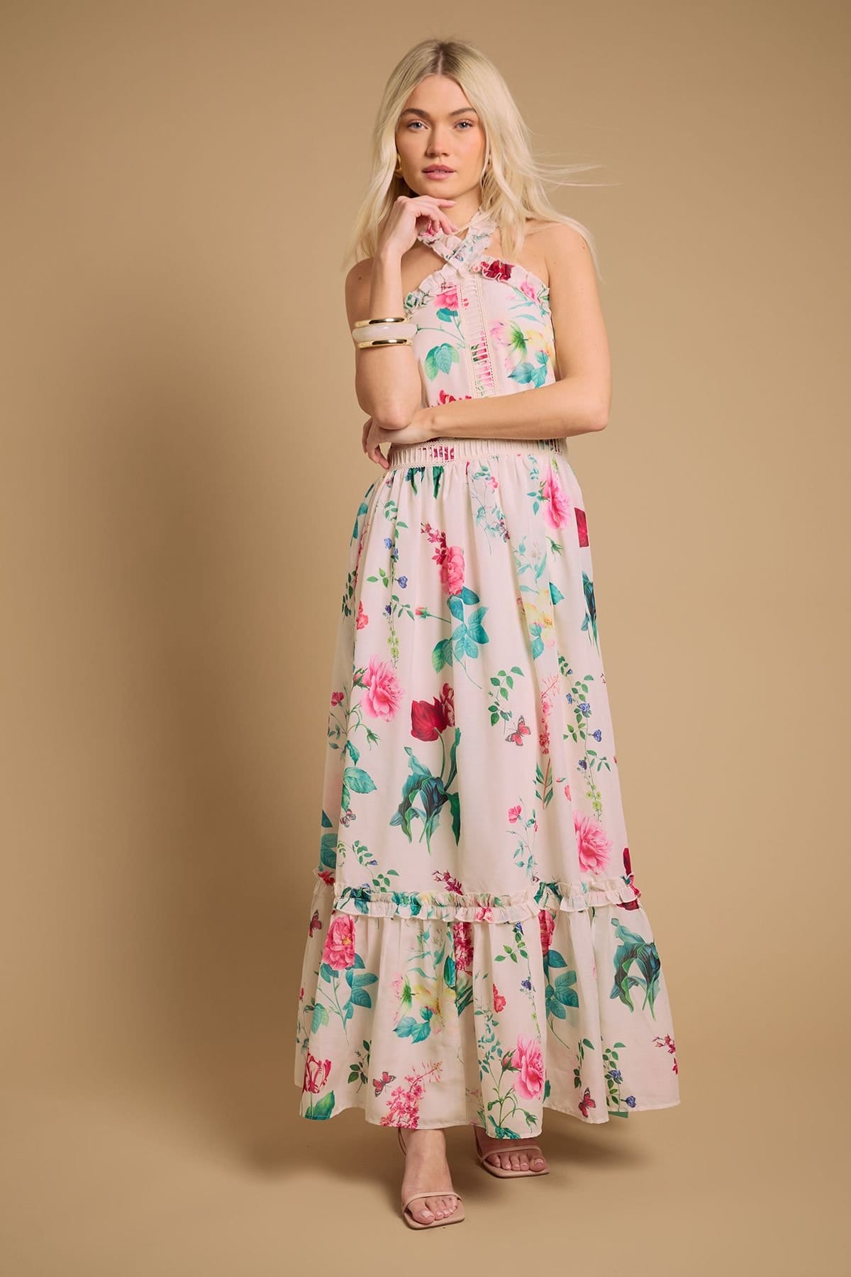 Oasis Floral Frill Halter Maxi Dress In Ivory