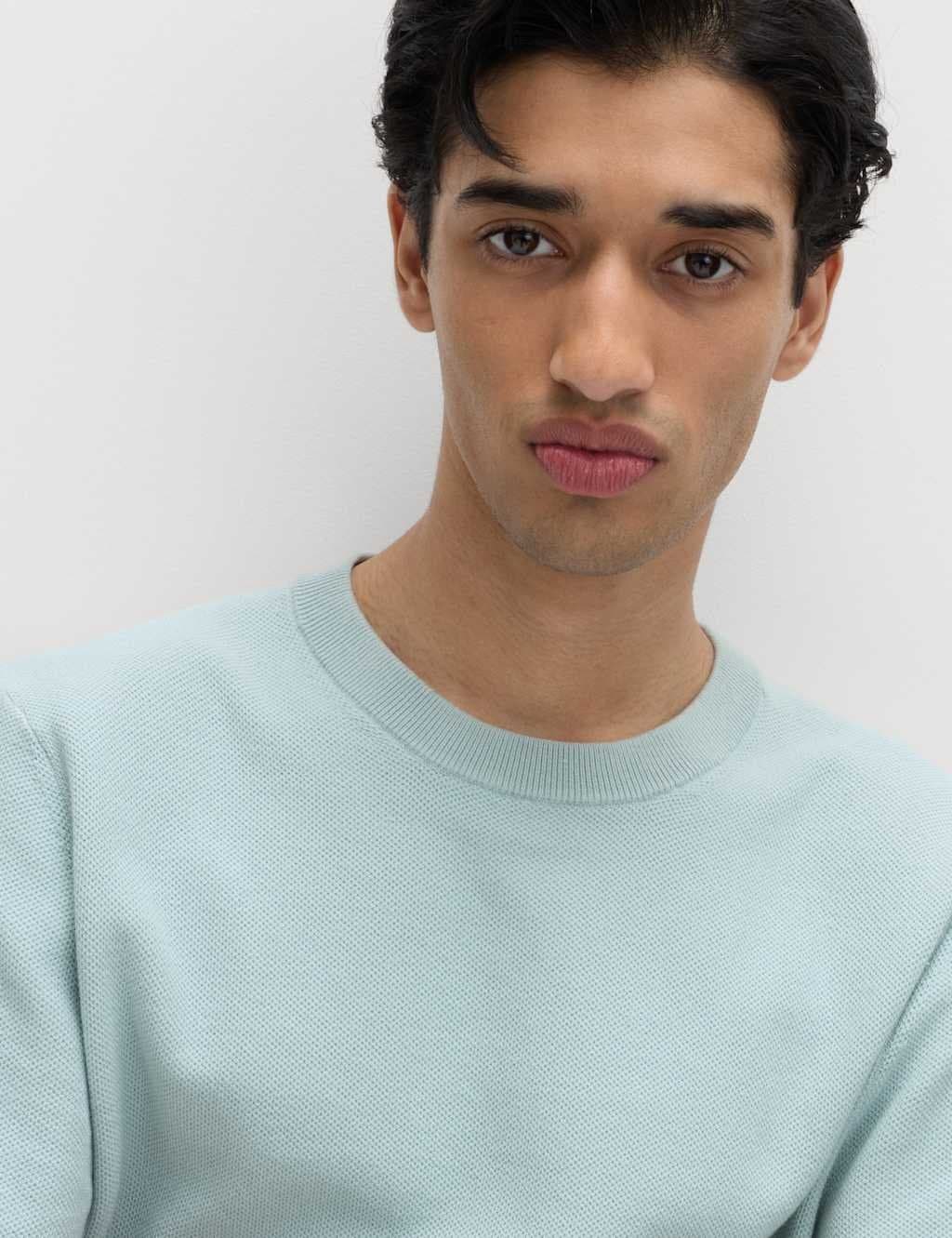 Marks & Spencer M&S Cotton Rich Textured Knitted T-Shirt Soft Blue