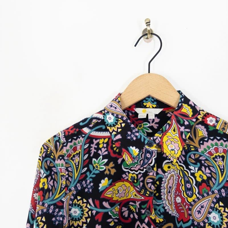 Boden Boden Pure Silk Shirt Size 8 Regular Black Multicoloured Paisley Floral