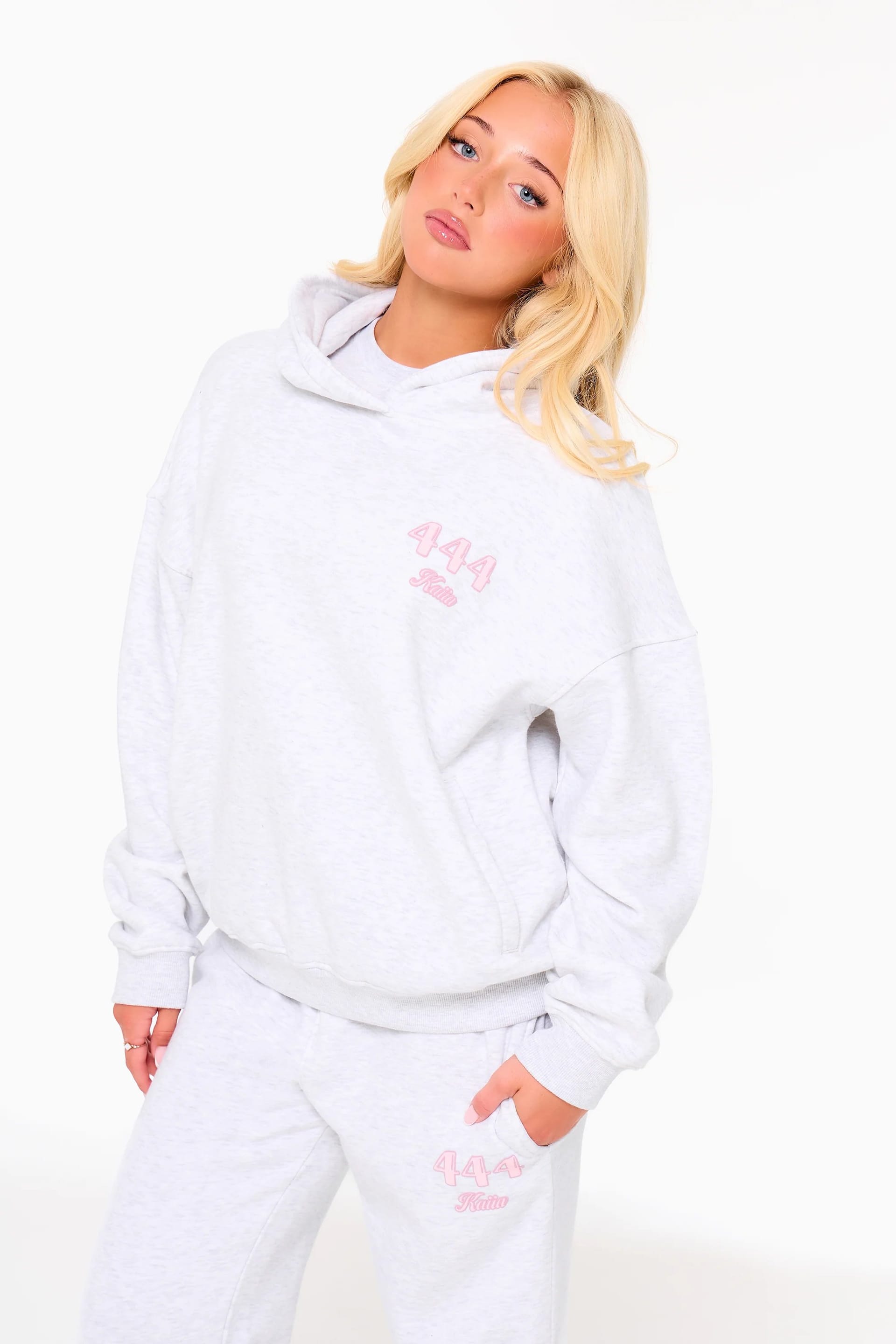 Kaiia Kaiia Bubble Icon Oversized Hoodie Light Grey Marl & Pink - 4
