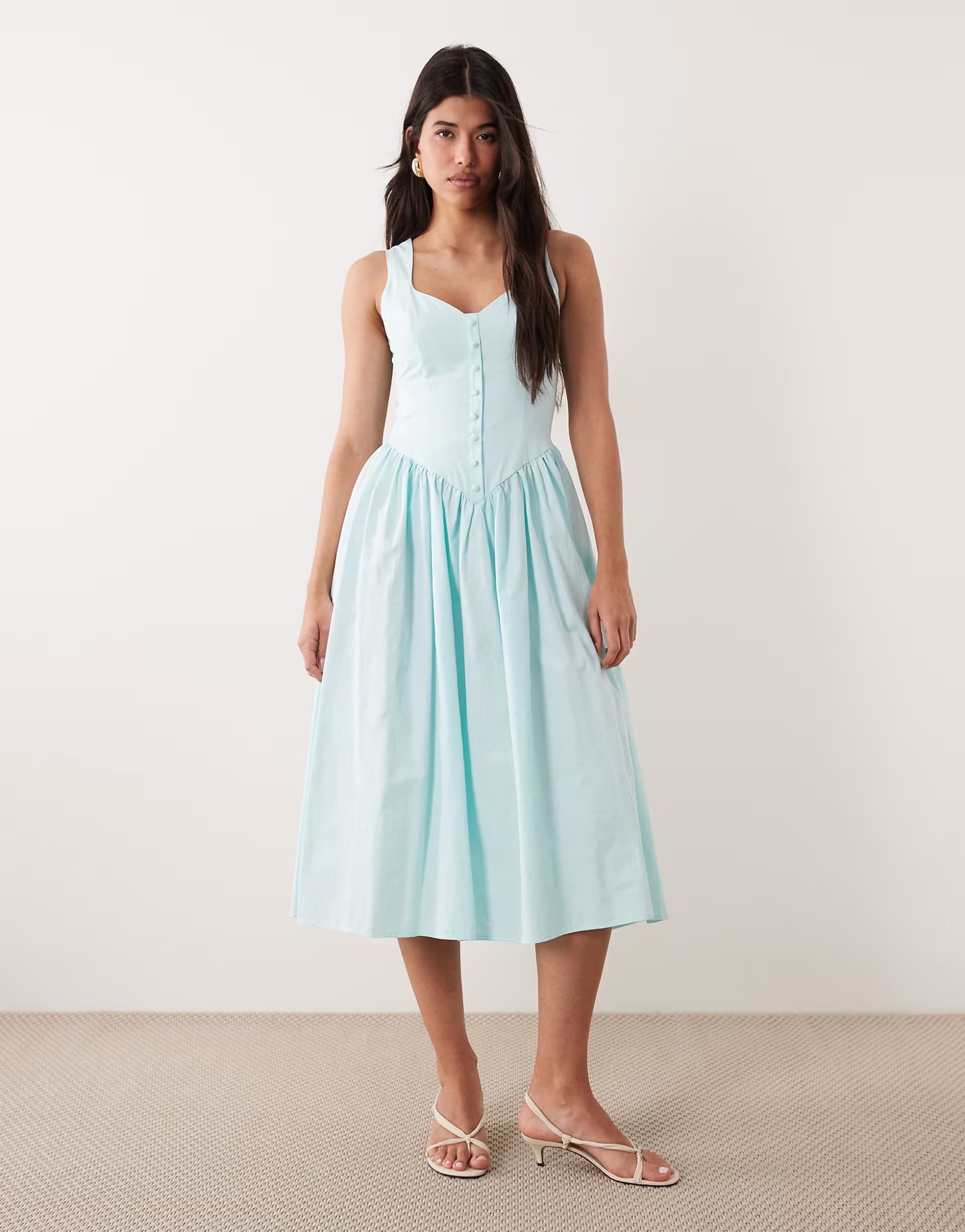ASOS Kaiia exclusive cotton poplin sweetheart neckline button detail dropped v waist maxi dress in baby blue