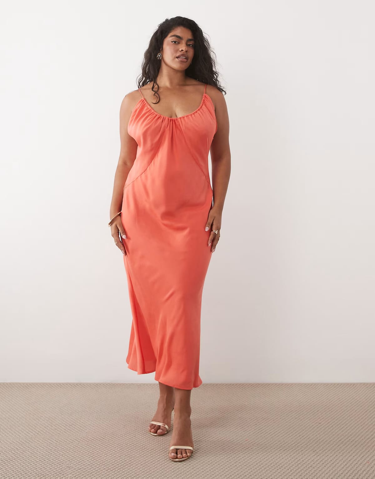 ASOS ASOS DESIGN Curve scoop neck bias cut scarf neckline midaxi dress in coral - 1