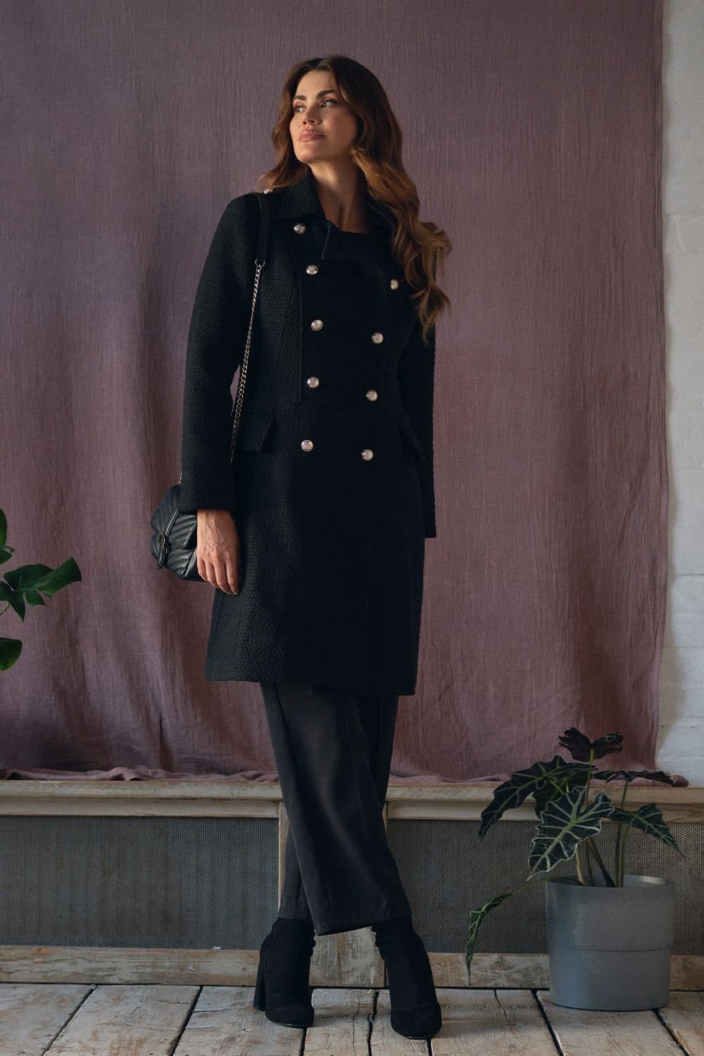 Izabel London Izabel London Women's Textured Knit Button Front Trench Coat in Black