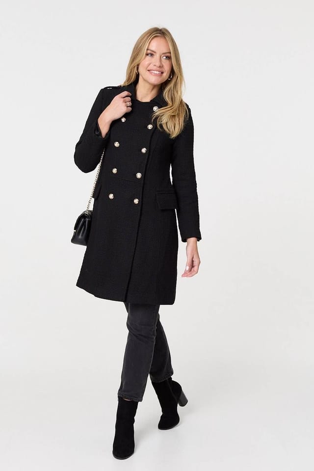Izabel London Izabel London Women's Textured Knit Button Front Trench Coat in Black - 3
