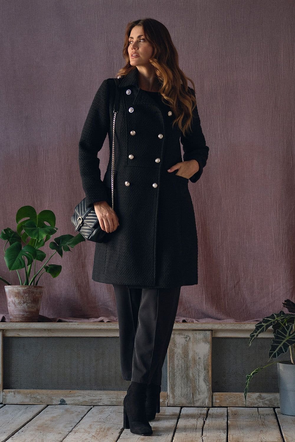 Izabel London Izabel London Women's Textured Knit Button Front Trench Coat in Black - 4