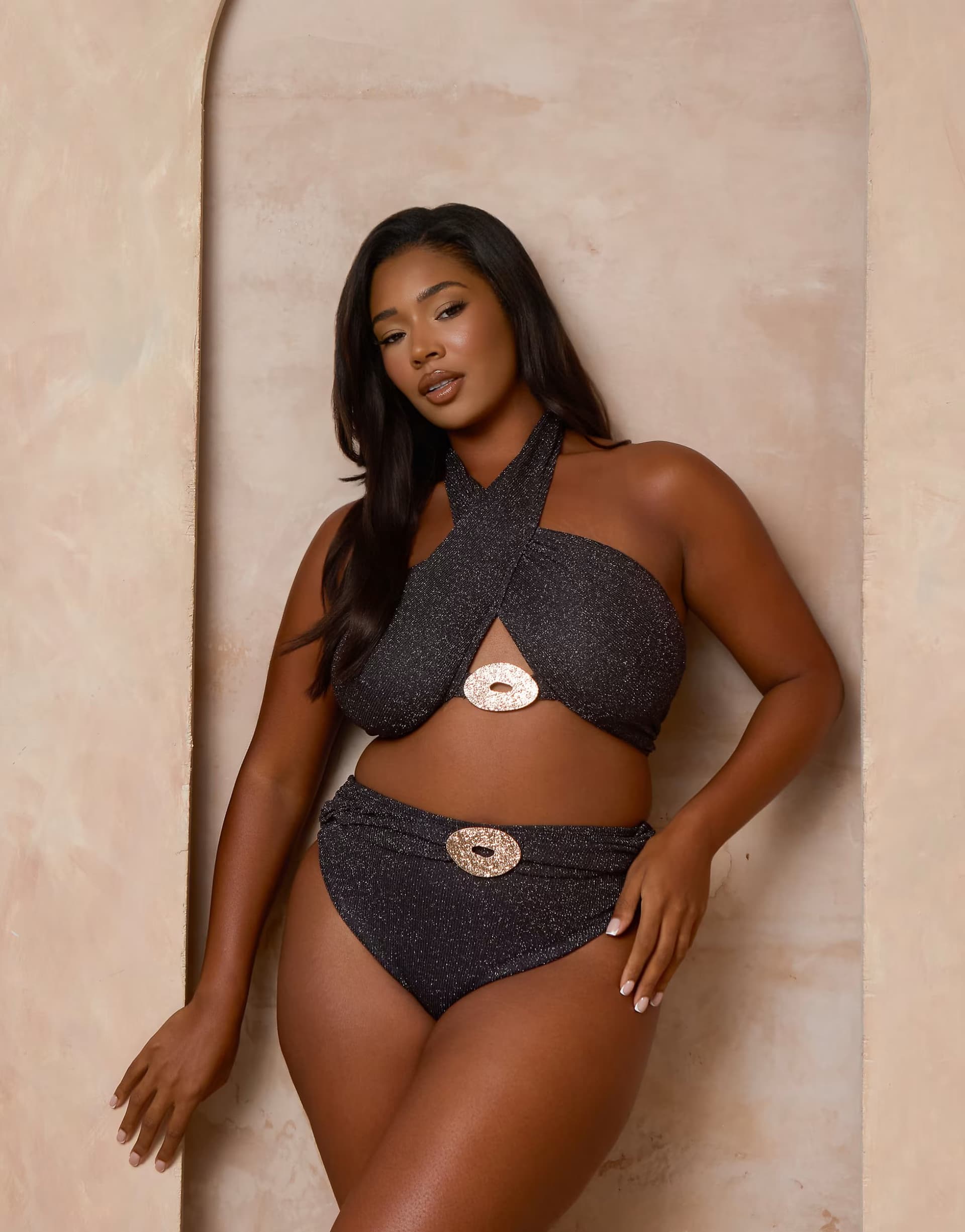 ASOS Moda Minx Curve X Alessa Tyrrell-Charles glitter wrap bikini bottom in black
