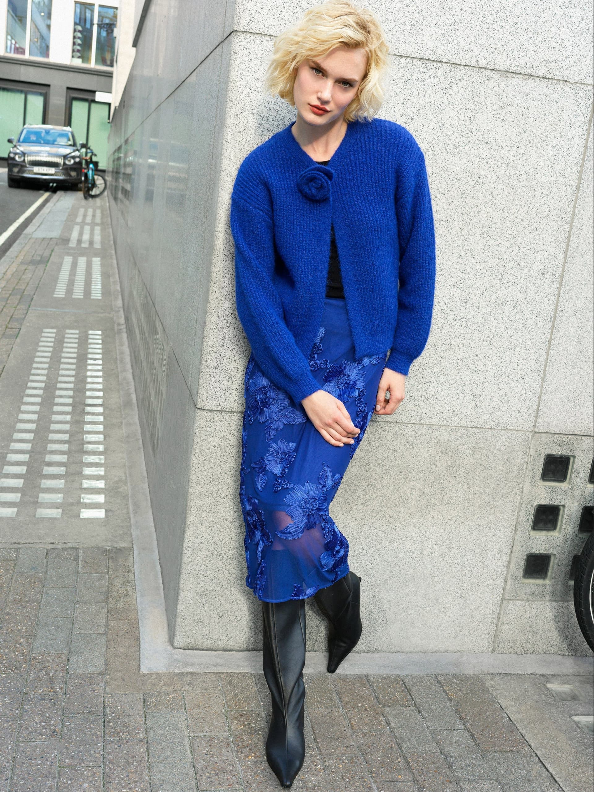 French Connection Kenly Blue Rosette Recycled Knit Cardigan Cobalt Blue