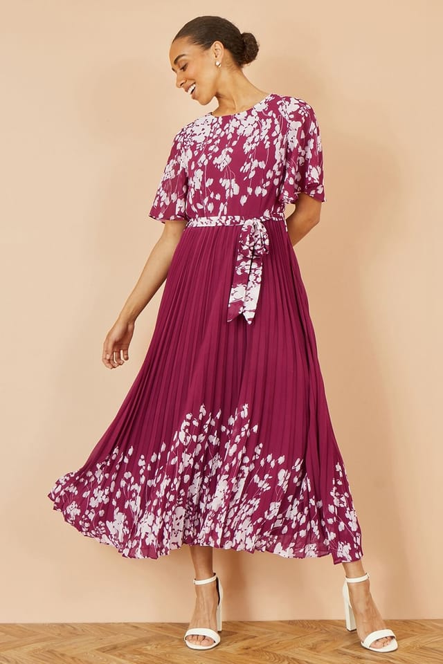 Yumi Yumi Women's Burgundy Mirror Floral Design Pleated Midi Dress - 2