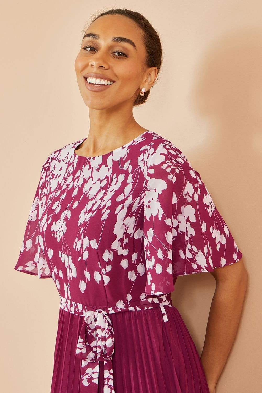 Yumi Yumi Women's Burgundy Mirror Floral Design Pleated Midi Dress - 4