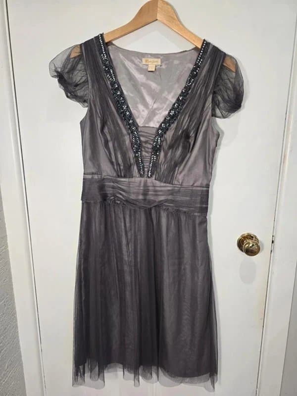 Monsoon Monsoon Part Dress Size 12 Medium Grey Silver Satin Tulle Jewels Neckline Vintage Style Never Worn
