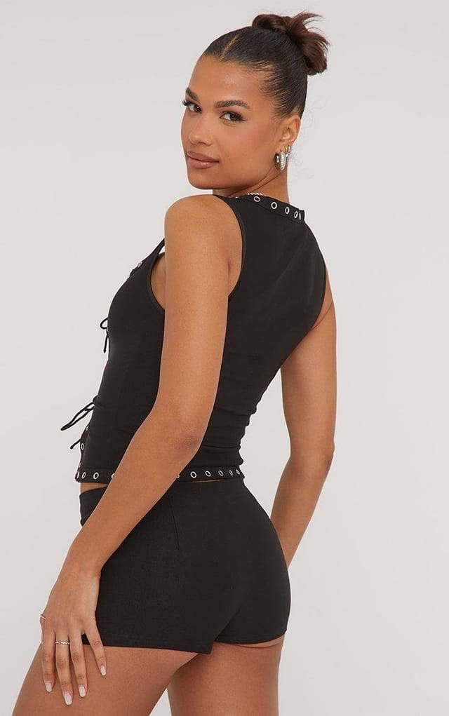 EGO Sleeveless Eyelet Detail Tie Front Top In Black Woven, Women's Size UK 6 - 2