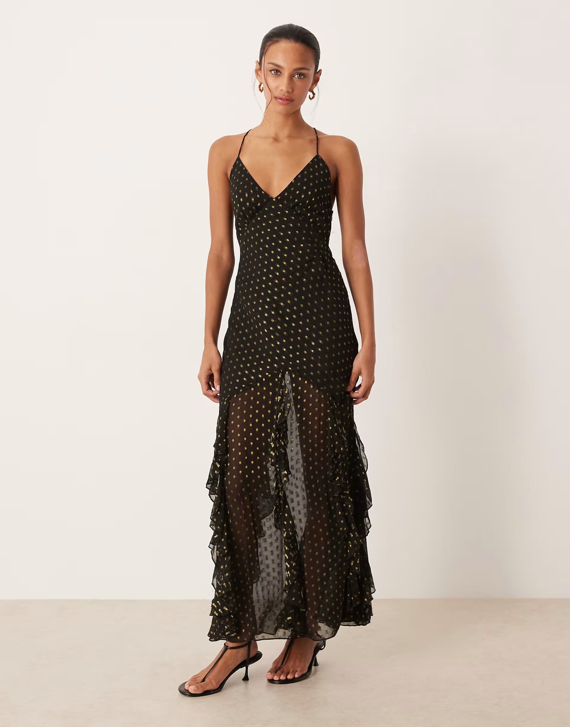 ASOS For Love & Lemons lace up back strappy maxi dress in black polka dot print