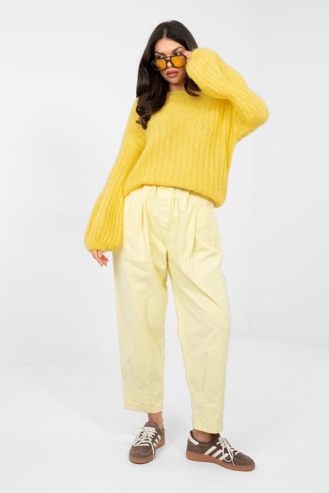 Love Lace Love Lace Women's Puffy Sleeve Ribbed Round Neck Sweater in Yellow - 2