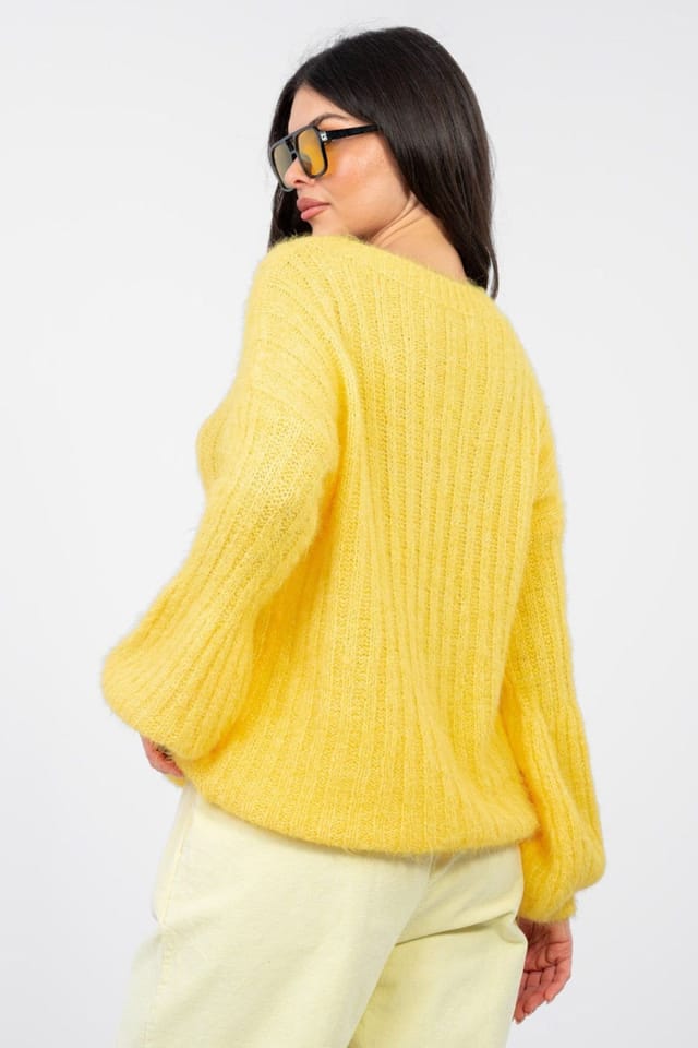 Love Lace Love Lace Women's Puffy Sleeve Ribbed Round Neck Sweater in Yellow - 3