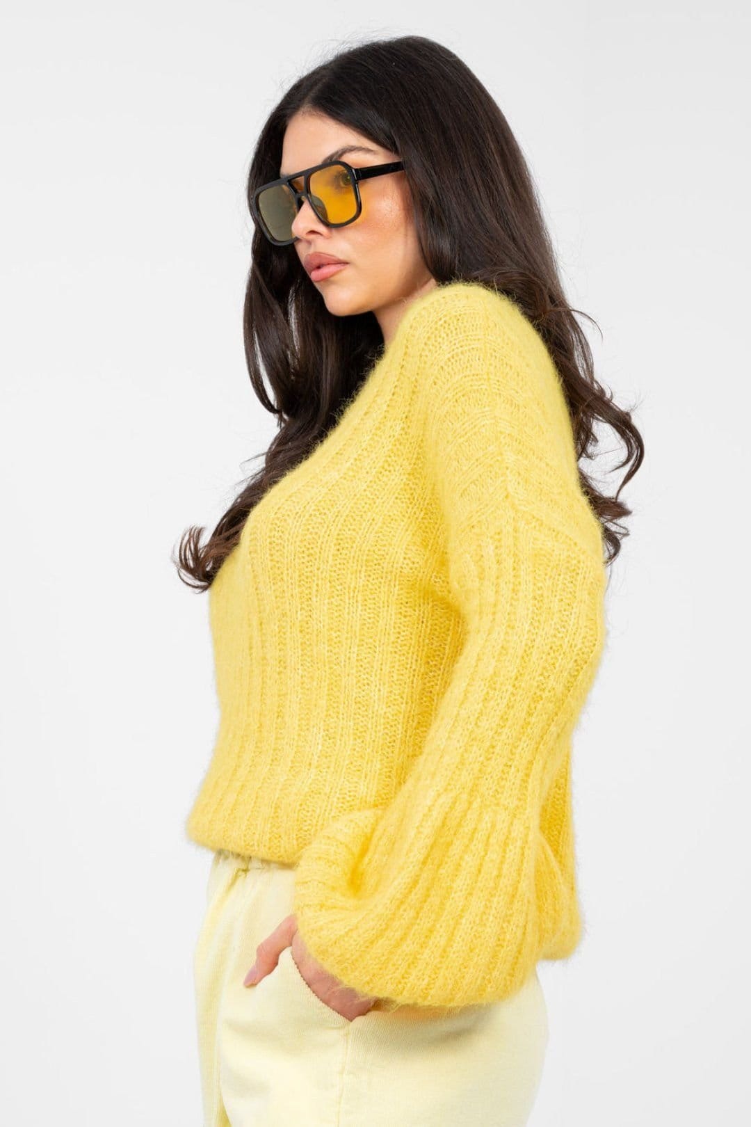 Love Lace Love Lace Women's Puffy Sleeve Ribbed Round Neck Sweater in Yellow - 4