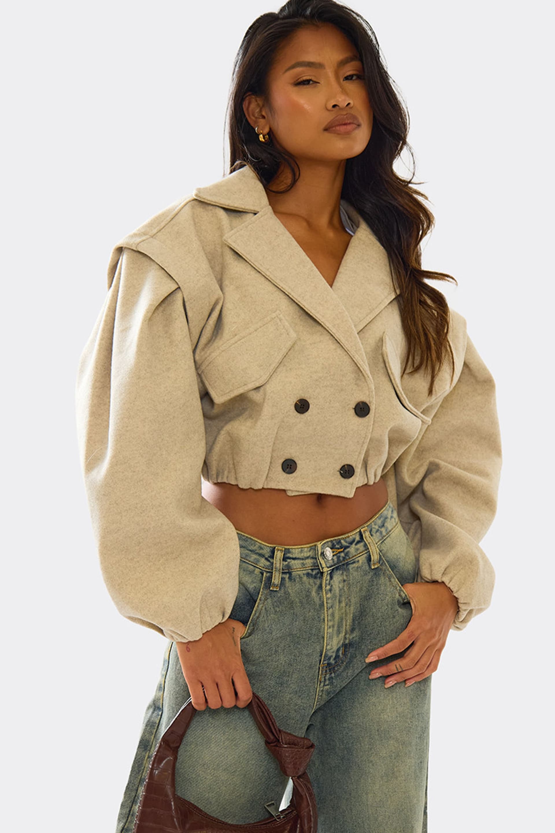 EGO EGO Women's Long Sleeve Wool Look Crop Coat in Beige