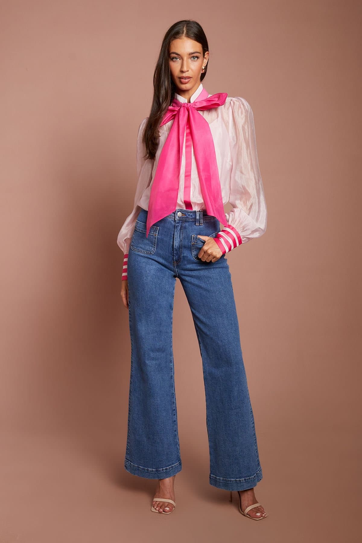 Coast Coast Women's Lisa Tan Pussybow Long Sleeve Organza Shirt in Pink
